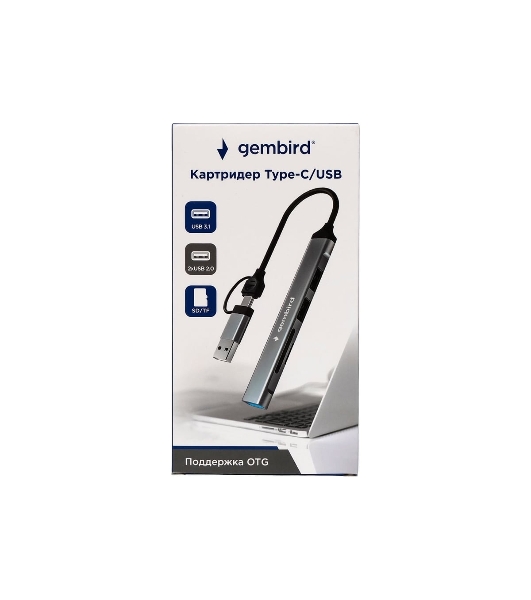 Кард-ридер Type-C/USB-A (3.1) Gembird 5в1: 2xUSB 2.0, USB3.1, SD/TF, кабель 10 см, алюминий