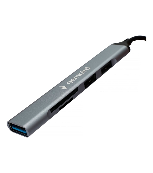 Кард-ридер Type-C/USB-A (3.1) Gembird 5в1: 2xUSB 2.0, USB3.1, SD/TF, кабель 10 см, алюминий