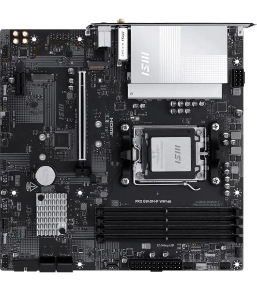 Материнская плата MSI PRO B840M-P WIFI6E, AM5, AMD B840, 4xDDR5, 4xSATA, 2xM.2, 1xPCIe 4.0 x16, 1xPCIe 3.0 x1, 1xHDMI, 1x2.5Gb LAN, Wi-Fi 6E, Bluetooth 5.3, 1xUSB-C 10Gbps, 1xUSB-A 10Gbps, 2xUSB-A 5Gbps, 4xUSB-A 2.0, 3x3.5 мм, 7.1, mATX