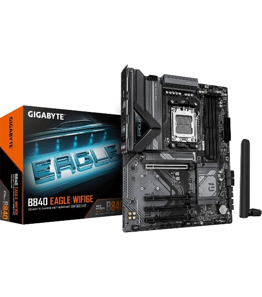 Материнская плата Gigabyte B840 EAGLE WIFI6E, AM5, AMD B840, 4xDDR5, 4xSATA, 3xM.2, 1xPCIe 4.0 x16, 3xPCIe 3.0 x16, 1xHDMI, 1xDP, 1x2.5Gb LAN, Wi-Fi 6E, Bluetooth 5.3, 1xUSB-C 10Gbps, 1xUSB-A 10Gbps, 2xUSB-A 5Gbps, 4xUSB-A 2.0, 3x3.5 мм, 7.1, ATX