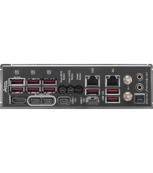 Материнская плата MSI MEG X870E ACE MAX, AM5, AMD X870E, 4xDDR5 (до 256 ГБ), 4xSATA, 5xM.2 (2xPCIe 5.0, 3xPCIe 4.0), 2xPCIe 5.0 x16, 1xPCIe x4, 1xHDMI, 1x5Gb LAN, 1x10Gb LAN, Wi-Fi 7, Bluetooth 5.4, 2xUSB-C 40Gbps (USB4), 2xUSB-C 20Gbps, 2xUSB-A 10Gbps, 7xUSB-A 5Gbps, 3x3.5 мм + S/PDIF оптический, 7.1, чёрный, с подсветкой, ATX