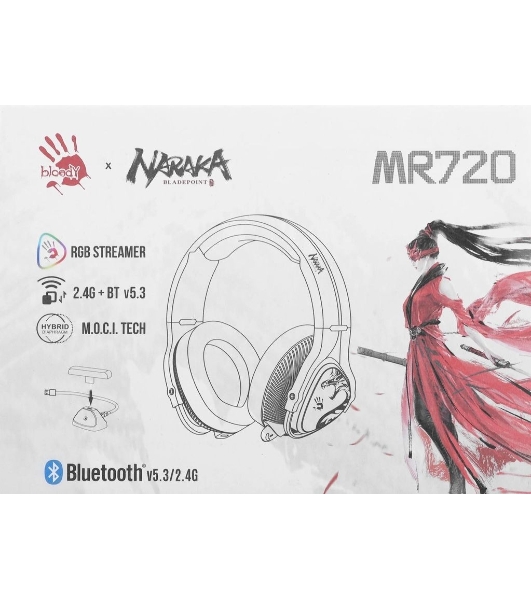 Гарнитура Bloody MR720 Naraka белый, беспроводная + проводная, радиоканал/Bluetooth/mini jack 3.5 мм, до 44 ч, подсветка