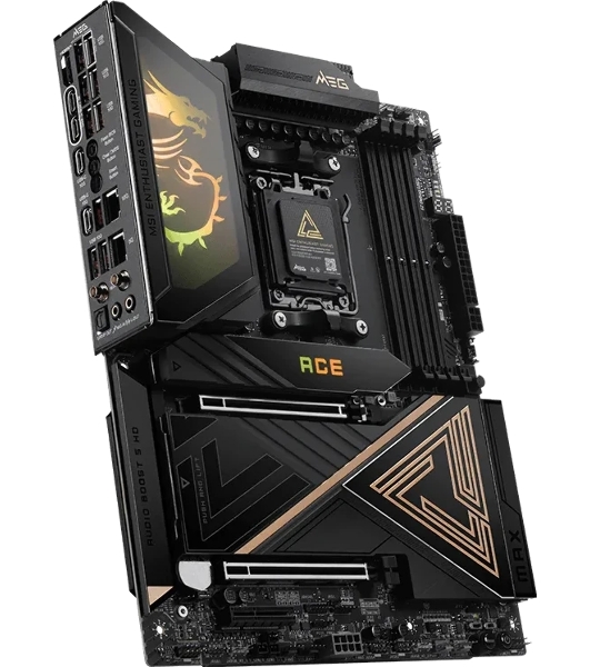 Материнская плата MSI MEG X870E ACE MAX, AM5, AMD X870E, 4xDDR5 (до 256 ГБ), 4xSATA, 5xM.2 (2xPCIe 5.0, 3xPCIe 4.0), 2xPCIe 5.0 x16, 1xPCIe x4, 1xHDMI, 1x5Gb LAN, 1x10Gb LAN, Wi-Fi 7, Bluetooth 5.4, 2xUSB-C 40Gbps (USB4), 2xUSB-C 20Gbps, 2xUSB-A 10Gbps, 7xUSB-A 5Gbps, 3x3.5 мм + S/PDIF оптический, 7.1, чёрный, с подсветкой, ATX