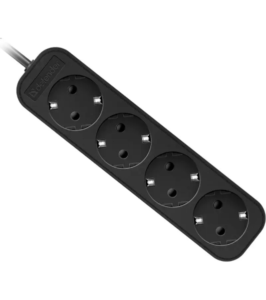 Удлинитель Defender M418 черный, 1.8 м, EURO, 4 розетки, 2200 Вт