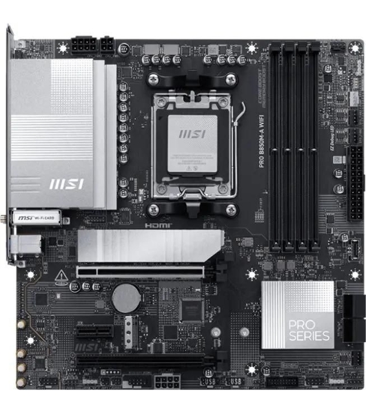 Материнская плата MSI PRO B850M-A WIFI, AM5, AMD B850, 4xDDR5, 4xSATA, 2xM.2, 1xPCIe 5.0 x16, 1xPCIe 4.0 x4, 1xPCIe 3.0 x1, 1xHDMI (v2.1), 1xDP (v1.4), 1x5Gb LAN, Wi-Fi 7, Bluetooth 5.4, 2xUSB-C 10Gbps, 3xUSB-A 10Gbps, 3xUSB-A 5Gbps, 2x3.5 мм, 7.1, mATX