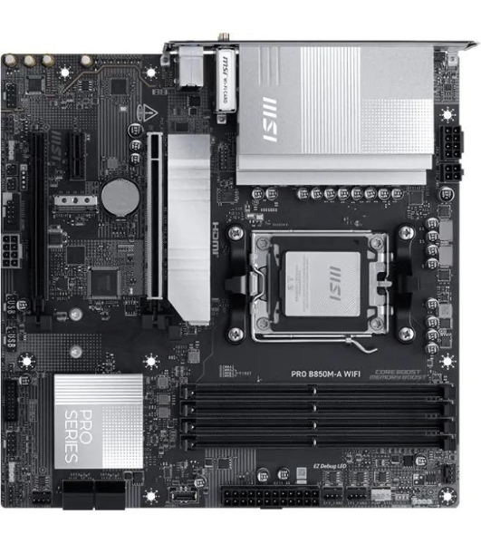 Материнская плата MSI PRO B850M-A WIFI, AM5, AMD B850, 4xDDR5, 4xSATA, 2xM.2, 1xPCIe 5.0 x16, 1xPCIe 4.0 x4, 1xPCIe 3.0 x1, 1xHDMI (v2.1), 1xDP (v1.4), 1x5Gb LAN, Wi-Fi 7, Bluetooth 5.4, 2xUSB-C 10Gbps, 3xUSB-A 10Gbps, 3xUSB-A 5Gbps, 2x3.5 мм, 7.1, mATX