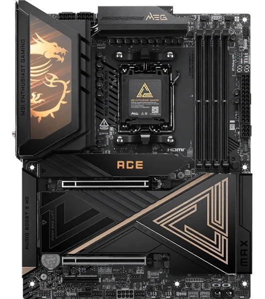 Материнская плата MSI MEG X870E ACE MAX, AM5, AMD X870E, 4xDDR5 (до 256 ГБ), 4xSATA, 5xM.2 (2xPCIe 5.0, 3xPCIe 4.0), 2xPCIe 5.0 x16, 1xPCIe x4, 1xHDMI, 1x5Gb LAN, 1x10Gb LAN, Wi-Fi 7, Bluetooth 5.4, 2xUSB-C 40Gbps (USB4), 2xUSB-C 20Gbps, 2xUSB-A 10Gbps, 7xUSB-A 5Gbps, 3x3.5 мм + S/PDIF оптический, 7.1, чёрный, с подсветкой, ATX