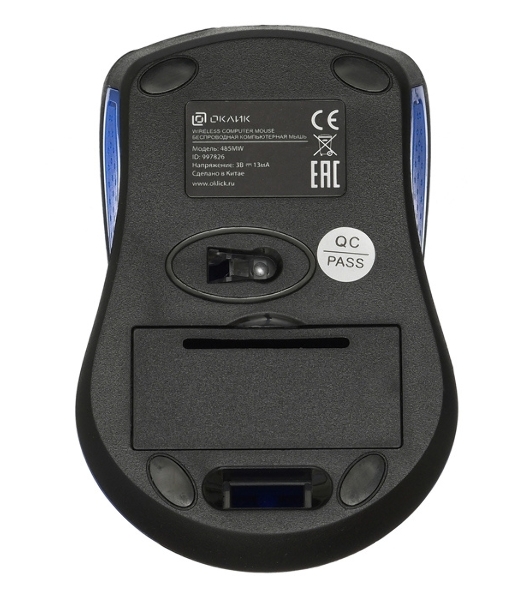 Мышь беспроводная Oklick 485MW черный/синий, 1200 dpi, радиоканал, USB, кнопки - 3