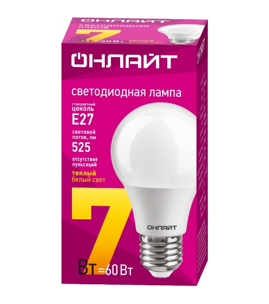 Лампа светодиодная ОНЛАЙТ 71647 OLL-A60-7-230-2.7K-E27 7Вт грушевидная 2700К тепл. белый E27 525лм 176-264В