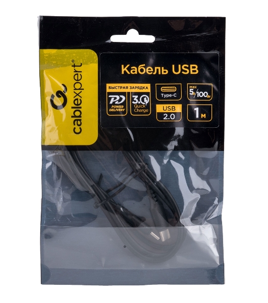 Кабель USB2.0 Cablexpert CC-USB2-CMCM-100-1M, Type-C/Type-C, 5A, 100Вт, PD/QC3.0, медь, 1м, черный, пакет