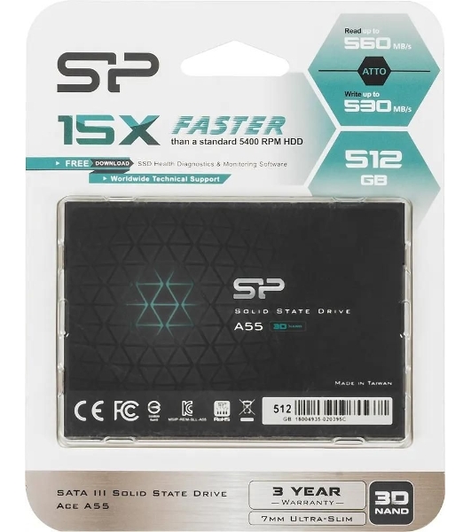 Накопитель SSD Silicon Power Ace A55, 512Gb, SATA III, 2.5', R/W 560/530