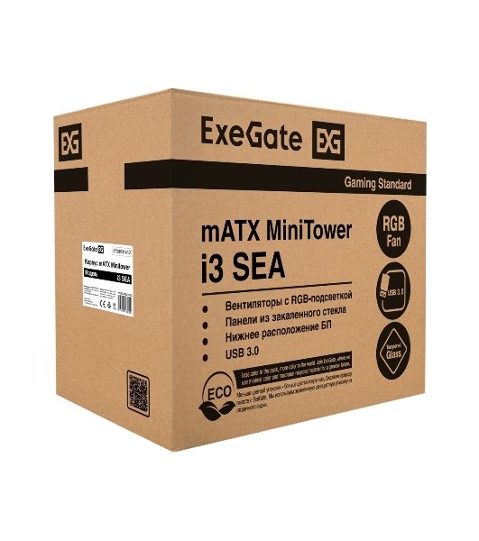 Компьютерный корпус Minitower ExeGate i3 SEA LE-NPX650 (mATX, БП 650NPX, 1хUSB+1хUSB 3.0, HD аудио, черный, передняя и боковая панели - закаленное стекло)