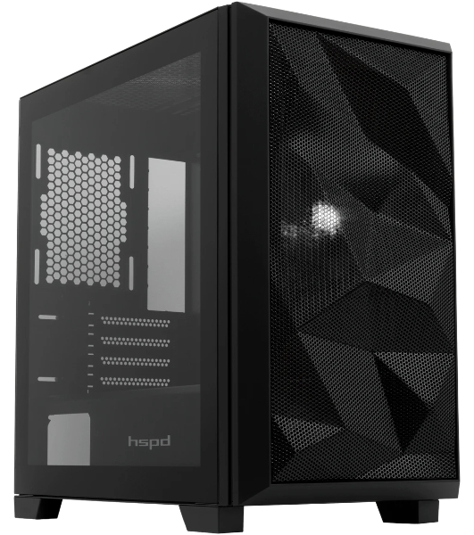 Компьютерный корпус без блока питания HSPD M340, Mesh Mid Tower, черный, TG, 0.5 SPCC, no fans, mATX, mITX, 165/350/200мм, 2x2.5', 2x3.5', 4xPCI, 1xUSB-A 3.0, 2xUSB-A 2.0, 415x220x410мм