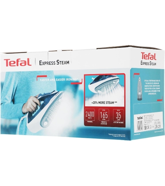 Утюг Tefal FV2837E0 синий/белый, 2400 Вт, 35 г/мин, 165 г/мин, 270 мл