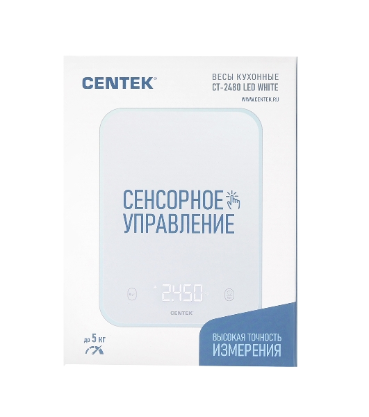Весы кухонные Centek CT-2480 LED белый, сенсор, 150х15х205мм, max 5кг, шаг 1г, Авто Ноль/Выкл