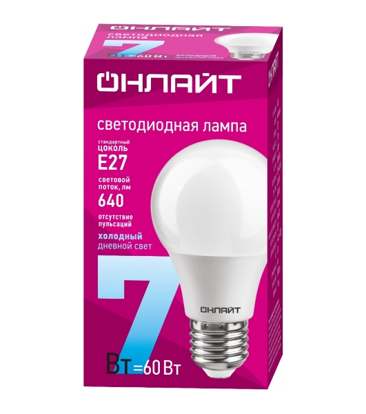 Лампа светодиодная ОНЛАЙТ 61139 OLL-A60-7-230-6.5K-E27 грушевидная