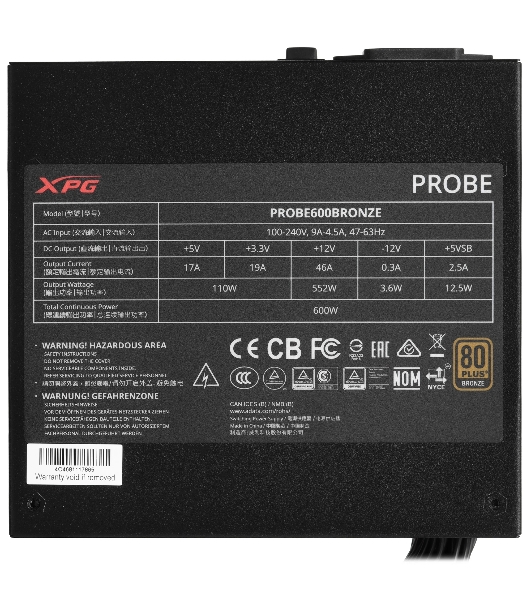 Блок питания ADATA XPG PROBE600B-BKCEU, 600Вт, 80 PLUS Bronze, 120мм, черный