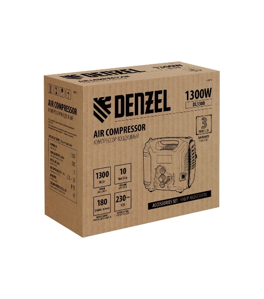 Компрессор воздушный Denzel DL1300, 10 бар, 1,3 кВт, 180 л/мин, 5 л, с набором аксессуаров