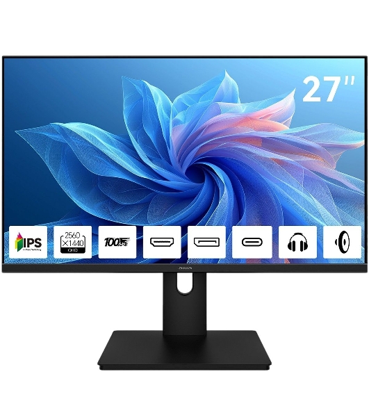 Монитор 27' Aiwa MQ271A IPS 2560x1440, 100 Гц, 4 мс, 16:9, 300 кд/м², HDMI 2.0, DP 1.2, USB-C (15 Вт), 3.5 Jack, динамики (2x3 Вт), FreeSync, G-Sync, черный