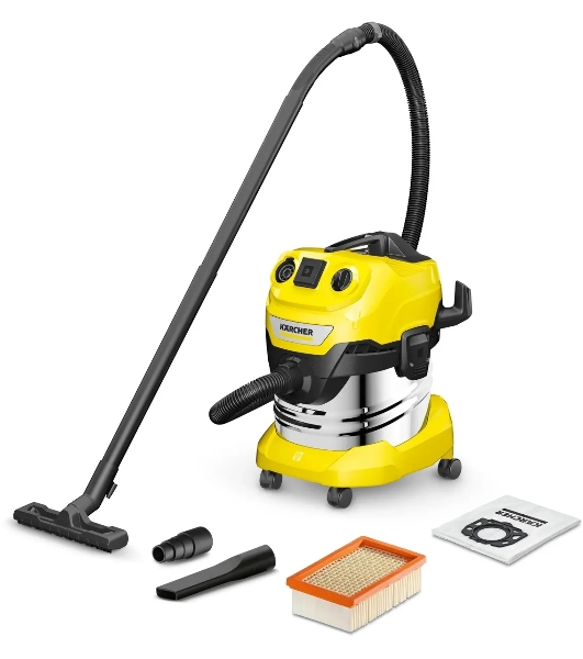 Строительный пылесос Karcher WD 4 P S V-20/5/22 желтый, 1000 Вт, уборка сухая/сбор воды/выдув, пылесборник мешок/контейнер, 20 л