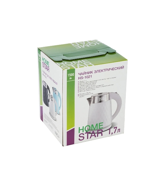 Чайник электрический Homestar HS-1021, 1500 Вт, 1.7 л, нержавейка+пластик, белый, двойной корпус