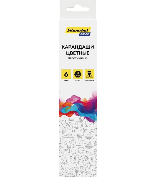 Карандаши цветные Silwerhof Color 2.6 мм, шестигранный профиль, пластик, ассорти, 6 цветов, коробка с европодвесом