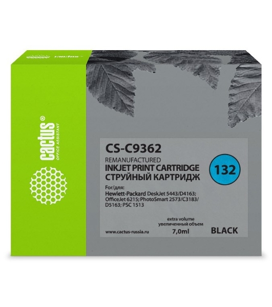 Картридж струйный Cactus CS-C9362 №132 черный (7 мл) для HP DJ 5443/D4163/DJ 6215/PS 2573/C3183/D5163/PSC 1513