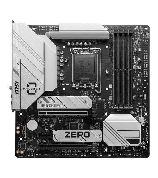 Материнская плата MSI B760M PROJECT ZERO,(Обратное подключение разъемов) LGA 1700, Intel B760, 4xDDR5, 4xSATA, 2xM.2, 1xPCIe 5.0 x16, 1xPCIe 4.0 x4, 1xPCIe x1, 1xHDMI, 1xDP, 3xUSB 3.2 Gen 2, 4xUSB 2.0, 1xUSB 3.2 Gen 2x2, 1x 2.5Gb LAN, 5x3.5 мм, 7.1, mATX