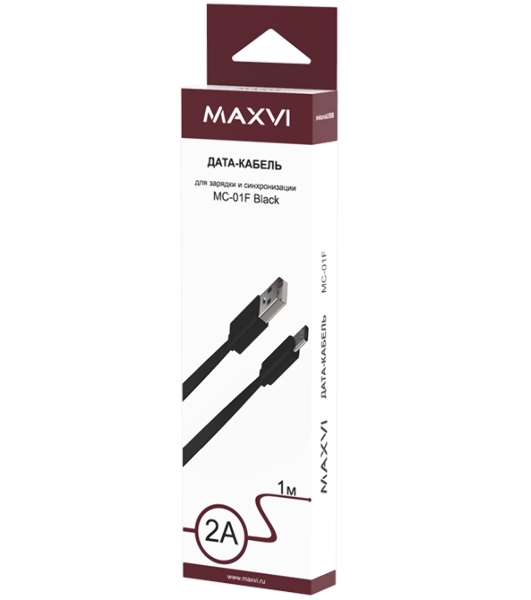 Кабель Maxvi MC-01F black USB-A - microUSB, 2A Плоский кабель, ток макс. нагрузки 2А, макс. напряжение 5V; стандарт USB 2.0; длина 1м, материал PVC, черный
