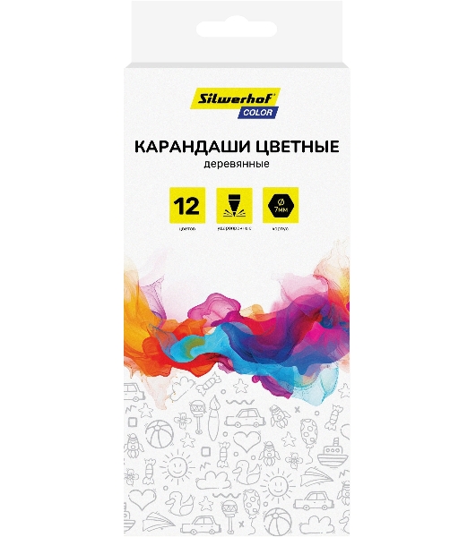 Карандаши цветные Silwerhof Color 2.8мм, шестигранный профиль, дерево, ассорти, 12 цветов, коробка с европодвесом