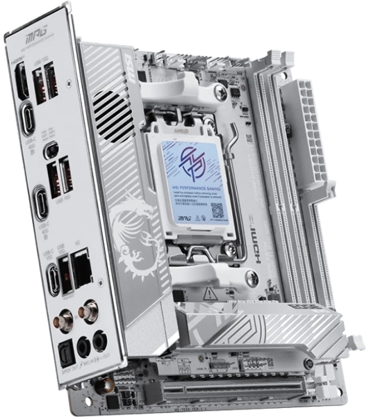 Материнская плата MSI MPG X870I EDGE TI EVO WIFI, AM5, AMD X870, 2xDDR5 (до 128 ГБ), 2xSATA, 3xM.2 (1xPCIe 5.0, 2xPCIe 4.0), 1xPCIe 5.0 x16, 1xHDMI, 1x5Gb LAN, Wi-Fi 7, Bluetooth 5.4, 2xUSB-C 40Gbps (USB4), 1xUSB-C 10Gbps, 5xUSB-A 10Gbps, 3x3.5 мм + S/PDIF оптический, 7.1, белый/серебристый, Mini-ITX