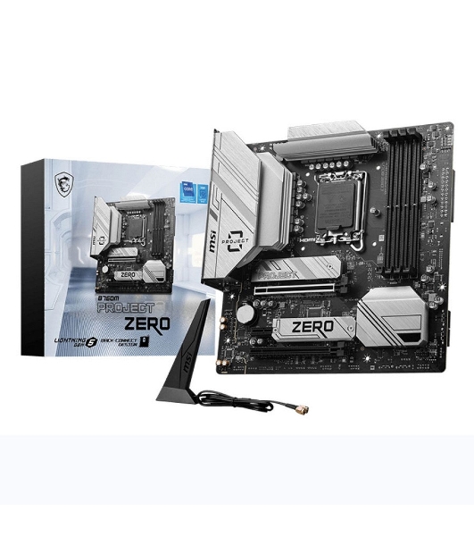 Материнская плата MSI B760M PROJECT ZERO,(Обратное подключение разъемов) LGA 1700, Intel B760, 4xDDR5, 4xSATA, 2xM.2, 1xPCIe 5.0 x16, 1xPCIe 4.0 x4, 1xPCIe x1, 1xHDMI, 1xDP, 3xUSB 3.2 Gen 2, 4xUSB 2.0, 1xUSB 3.2 Gen 2x2, 1x 2.5Gb LAN, 5x3.5 мм, 7.1, mATX
