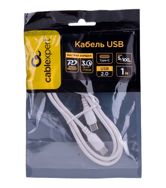 Кабель USB2.0 Cablexpert CC-USB2-CMCM-100-1M-W, Type-C/Type-C, 5A, 100Вт, PD/QC3.0, медь, 1м, белый, пакет