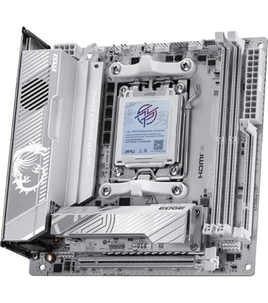 Материнская плата MSI MPG X870I EDGE TI EVO WIFI, AM5, AMD X870, 2xDDR5 (до 128 ГБ), 2xSATA, 3xM.2 (1xPCIe 5.0, 2xPCIe 4.0), 1xPCIe 5.0 x16, 1xHDMI, 1x5Gb LAN, Wi-Fi 7, Bluetooth 5.4, 2xUSB-C 40Gbps (USB4), 1xUSB-C 10Gbps, 5xUSB-A 10Gbps, 3x3.5 мм + S/PDIF оптический, 7.1, белый/серебристый, Mini-ITX