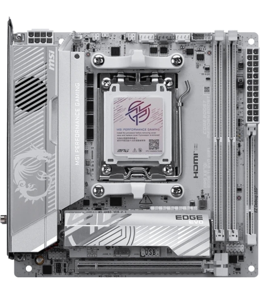Материнская плата MSI MPG X870I EDGE TI EVO WIFI, AM5, AMD X870, 2xDDR5 (до 128 ГБ), 2xSATA, 3xM.2 (1xPCIe 5.0, 2xPCIe 4.0), 1xPCIe 5.0 x16, 1xHDMI, 1x5Gb LAN, Wi-Fi 7, Bluetooth 5.4, 2xUSB-C 40Gbps (USB4), 1xUSB-C 10Gbps, 5xUSB-A 10Gbps, 3x3.5 мм + S/PDIF оптический, 7.1, белый/серебристый, Mini-ITX
