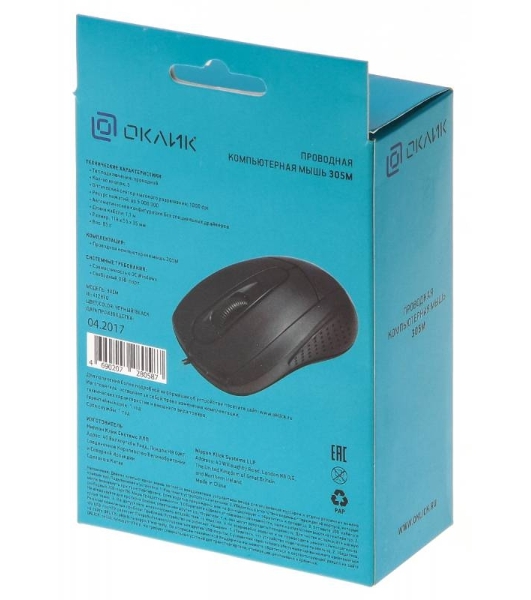 Мышь проводная Oklick 305M черный, 1000 dpi, USB, кнопки - 3