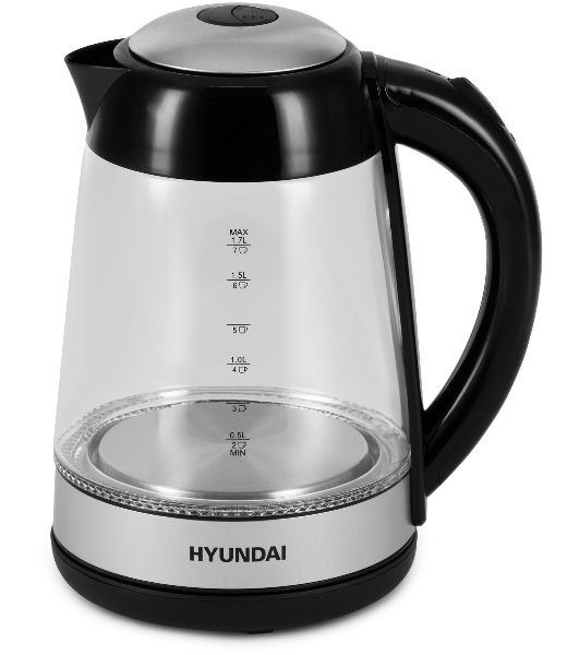 Чайник электрический Hyundai HYK-G3803 1.7 л, 2200 Вт, черный/серебристый (корпус: стекло)