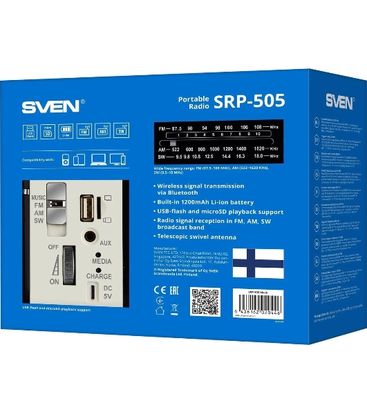 Радиоприемник SVEN SRP-505 (4 Вт, FM/AM/SW, USB, SD/microSD, Bluetooth, 1200 мА·ч)черный