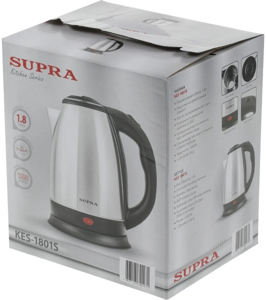 Электрочайник SUPRA KES-1801S серебристый/черный, 1.8 л, 1500 Вт, скрытый нагревательный элемент