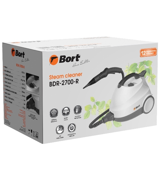 Пароочиститель Bort BDR-2700-R белый, напольный, 2200 Вт, 45 г/мин, 1200 мл