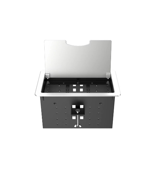 Прямоугольный металлический корпус Wize Pro WRTS-12BOX-S для модульной системы врезного лючка в стол с откидывающейся крышкой, до12 модулей-вставок, беспроводная зарядка 10Вт для моб.устройств на крышке, преустановленная рамка,серебр.