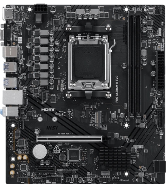 Материнская плата MSI PRO A620M-B EVO, AM5, AMD A620A, 2xDDR5, 2xSATA, 1xM.2, 1xPCIe 4.0 x16, 1xPCIe x1, 1xVGA, 1xHDMI, 1x2.5Gb LAN, 4xUSB-A 5Gbps, 2xUSB-A 2.0, 2xPS/2, 3x3.5 мм, 7.1, чёрный, mATX