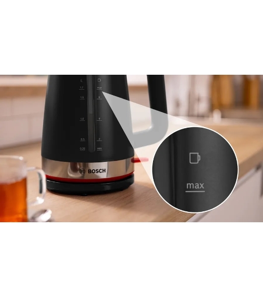 Электрочайник Bosch TWK4M223 черный, 1.7 л, 2400 Вт, скрытый нагревательный элемент