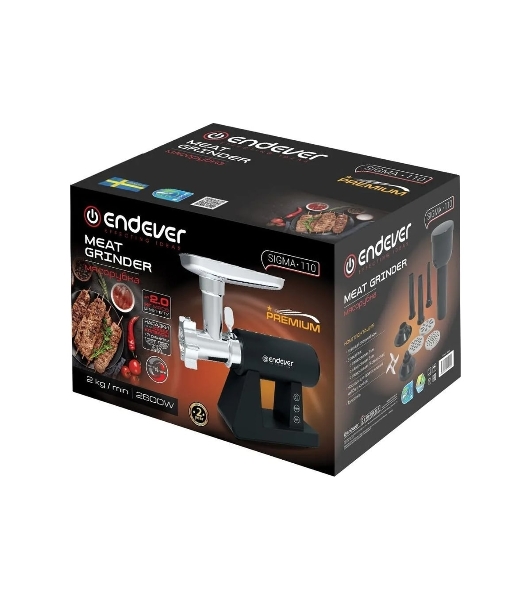 Мясорубка электрическая Endever Sigma-110 черный, 2600 Вт, 2.0 кг/мин, реверс, защита от перегрузки, металлический лоток, насадки - 5