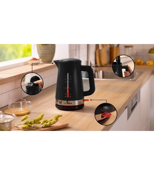 Электрочайник Bosch TWK4M223 черный, 1.7 л, 2400 Вт, скрытый нагревательный элемент