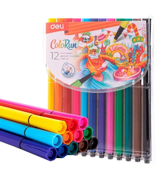 Фломастеры Deli EC157-12 12 цветов, пакет с европодвесом