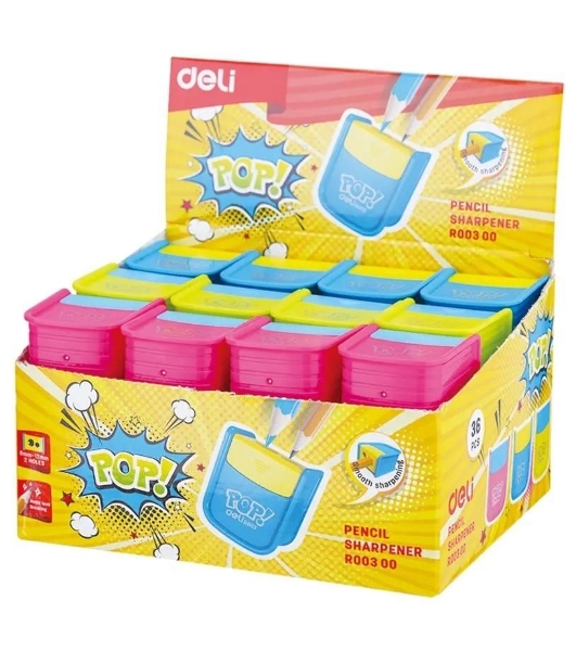 Точилка для карандашей ручная Deli ER00300 PoP, 2 отверстия, пластик, ассорти, дисплей