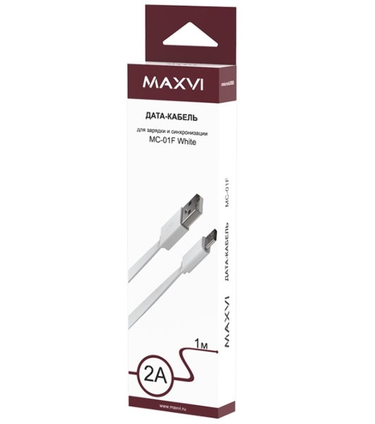 Кабель Maxvi MC-01F white USB-A - microUSB, 2A Плоский кабель, ток макс. нагрузки 2А, макс. напряжение 5V; стандарт USB 2.0; длина 1м, материал PVC, белый