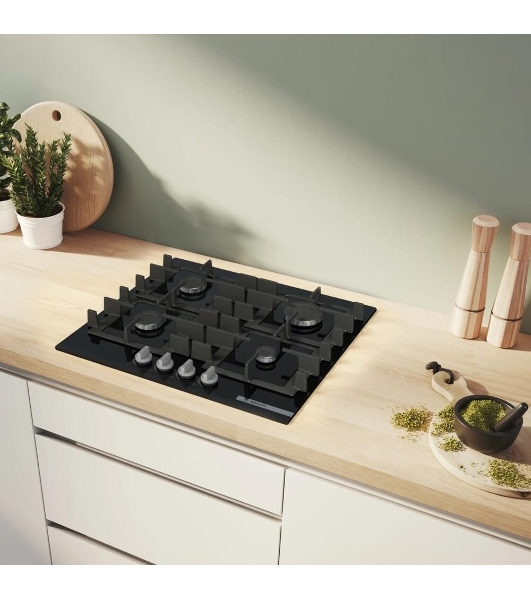 Поверхность газовая Bosch PNP6B6K40 Газ, 4.5х59x52 см, закаленное стекло, 4 конфорки, газ-контроль, автоподжиг, черный