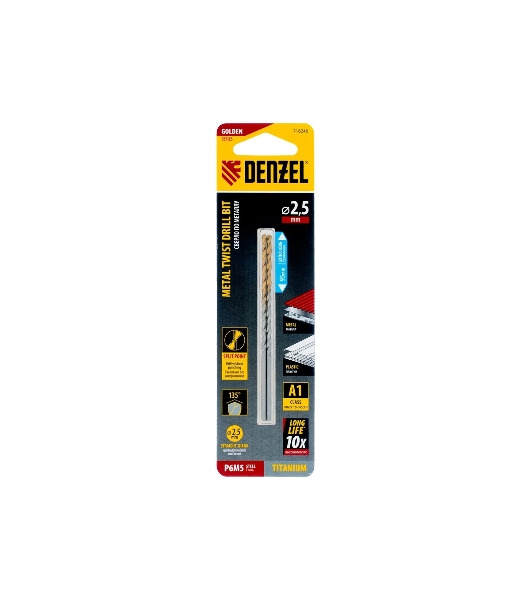 Сверло спиральное по металлу Denzel 2,5 х 95 мм Р6М5, Golden Tip, удлиненное, 2 шт.